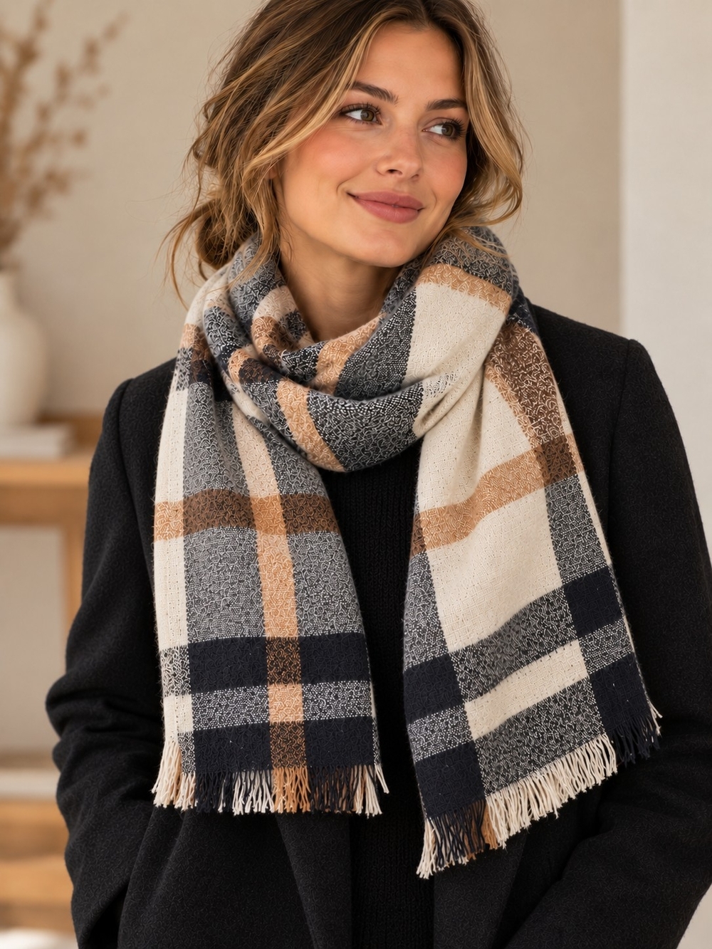 Cozy Plaid Fringe Scarf in Cream, BLACK & Brown